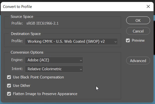 convert to profile dialog box in photoshop