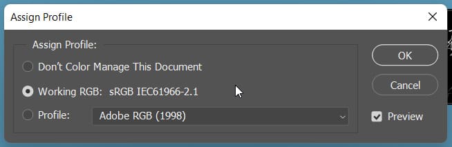 assign profile dialog box in photoshop