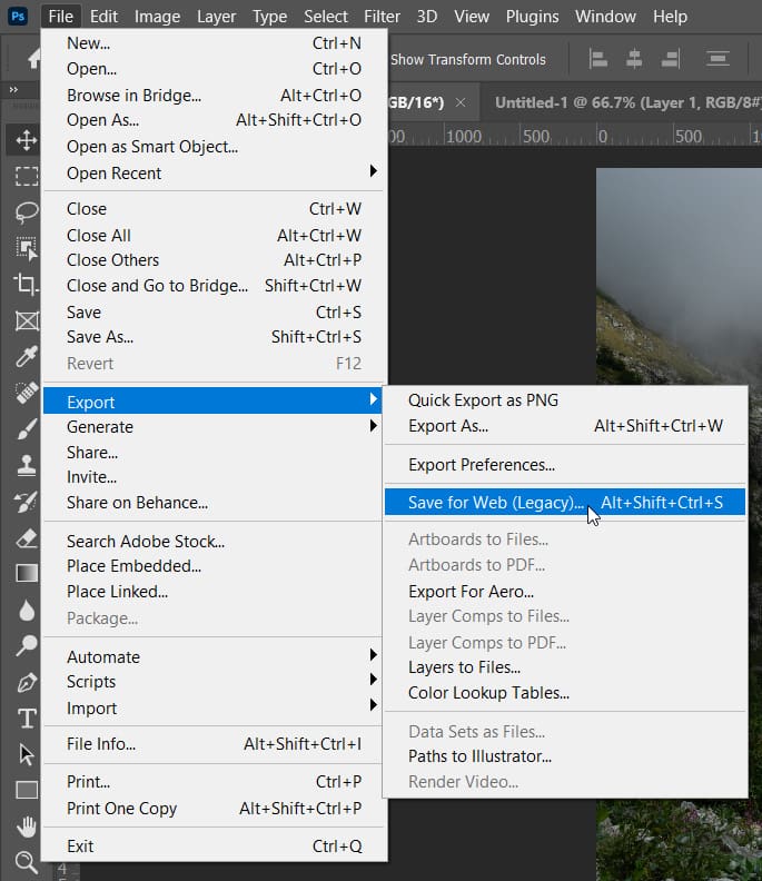 save for web option under export in file menu in photoshop
