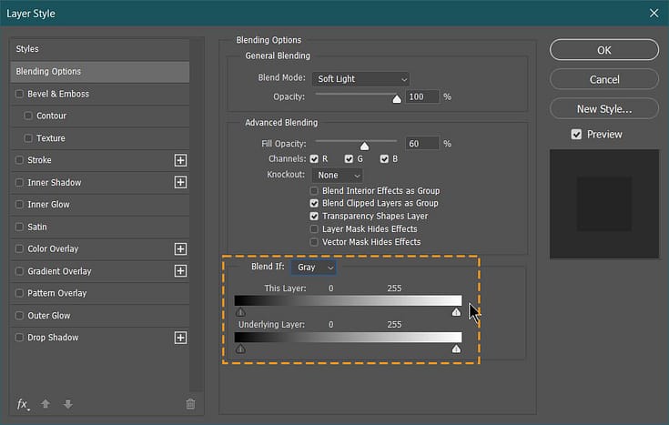 blend if option in layer style dialog box in photoshop