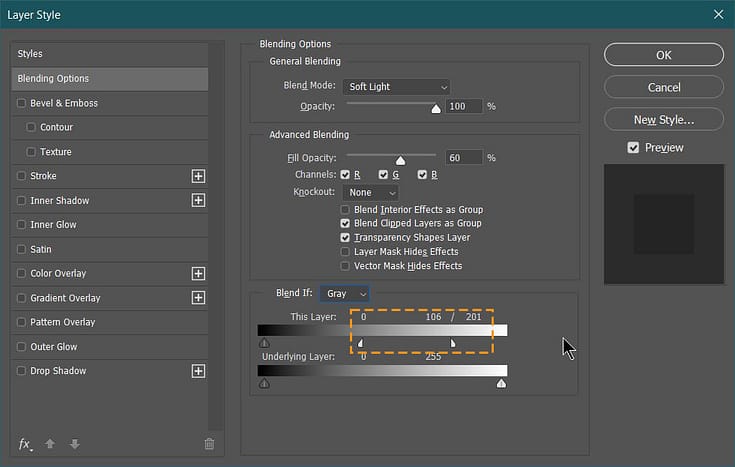 white slider separated in blend if option in layer style dialog box in photoshop