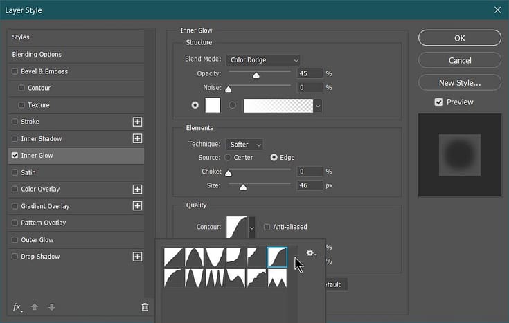 inner glow settings in layer style dialog box in photoshop