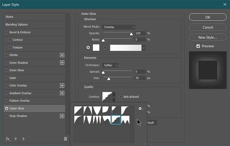 outer glow option in layer style dialog box in photoshop