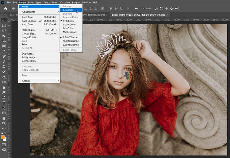 grayscale option under mode in image menu in photoshop
