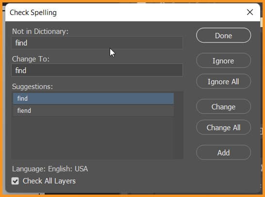 Check Spelling dialog box in photoshop