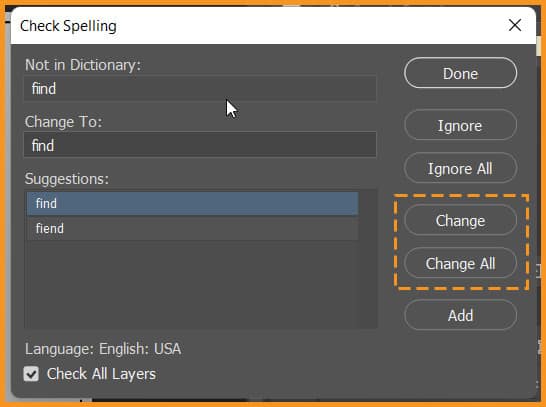 Change and Change All button in Check Spelling dialog box in photoshop