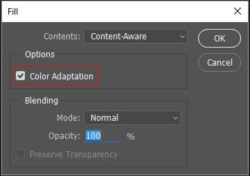 Fill dialog box with content aware option selected and color adaption checked