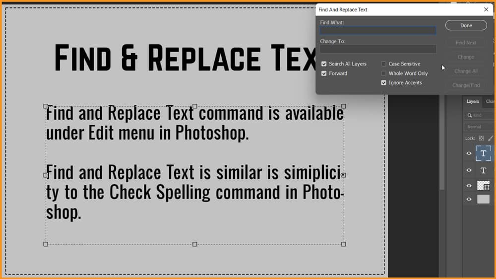 Find and Replace Text dialog box in photoshop