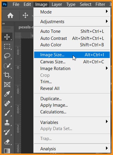 Image size option in image menu in photoshop